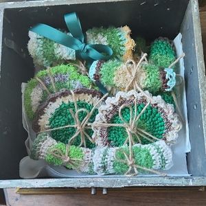 Crocheted Dish Scrubbies sparkley greens and naturals